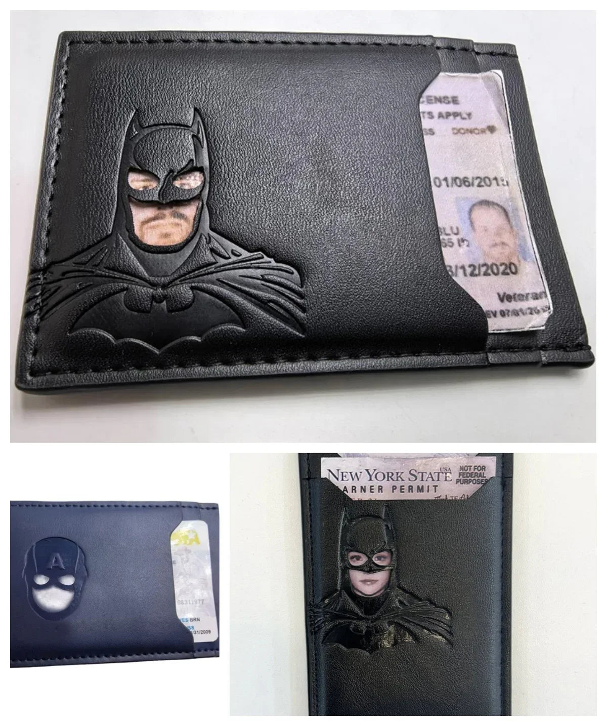 A black leather card holder featuring a Batman logo and a photo of a veteran.