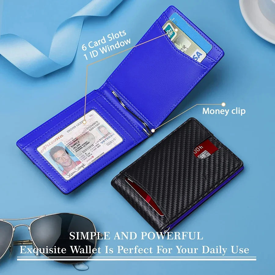 A blue slim synthetic leather bifold wallet is shown open displaying card slots and an ID window next to a black textured wal