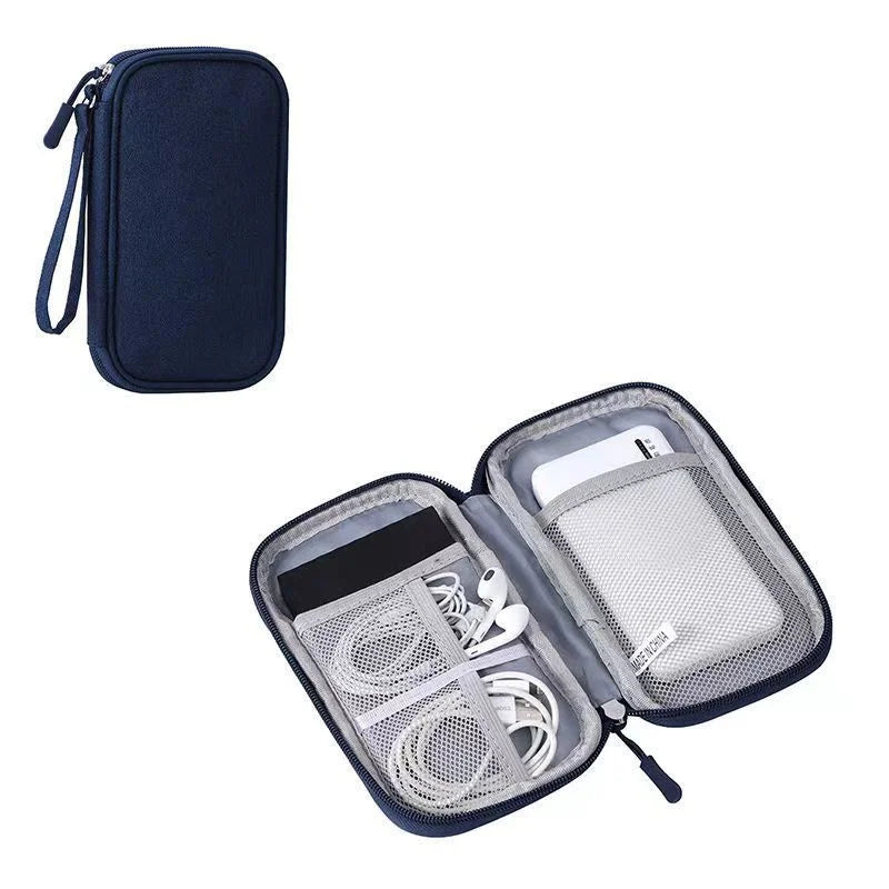 A dark blue waterproof cable organizer storage bag with a clear mesh interior showing various cables and wires.