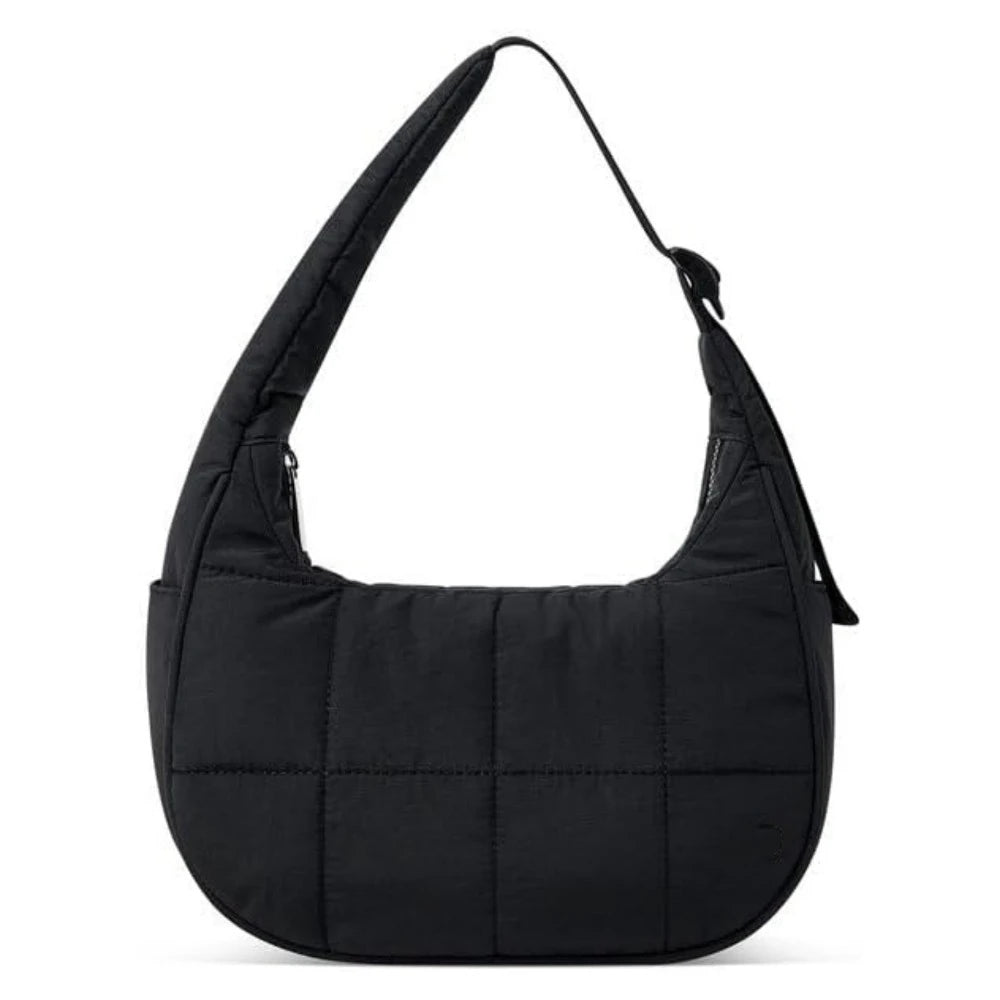 Black quilted nylon shoulder bag with an adjustable strap.