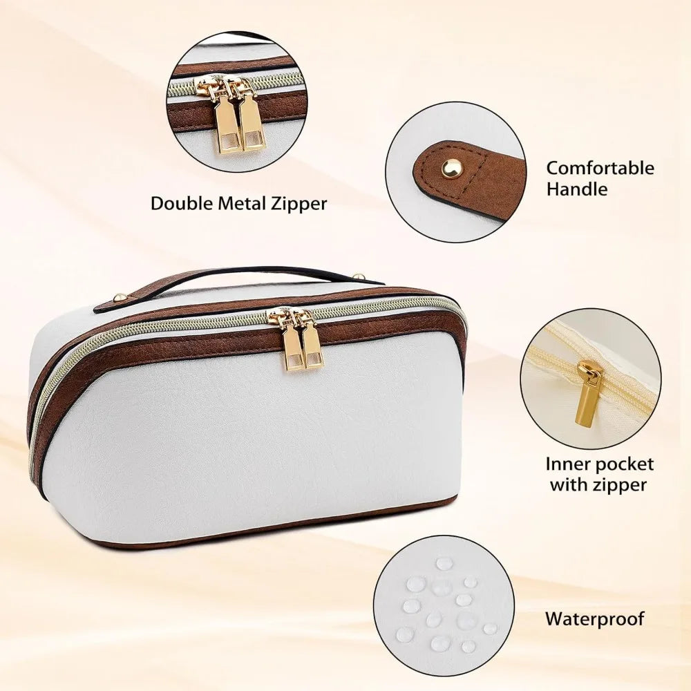 A white cosmetic organizer bag with brown trim and a gold metal zipper, showing features like a double zipper, comfortable ha