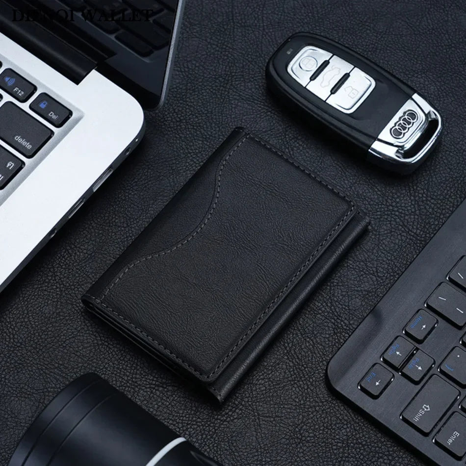 A black magnetic leather card wallet is shown next to a laptop keyboard and a black pen.