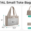 A beige 14L small tote bag shown with various views including front, back, bottom, and side.