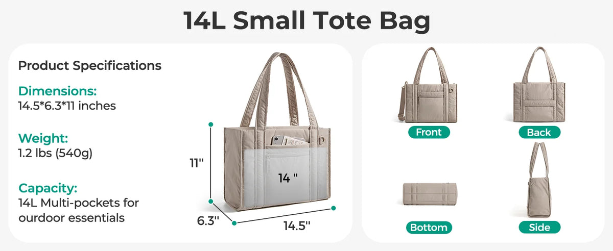 A beige 14L small tote bag shown with various views including front, back, bottom, and side.