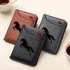 A set of three dark brown and black faux leather card holder wallets featuring a silhouette of a horse.
