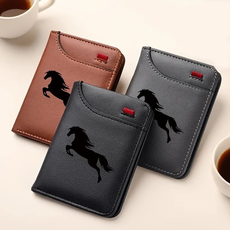 A set of three dark brown and black faux leather card holder wallets featuring a silhouette of a horse.