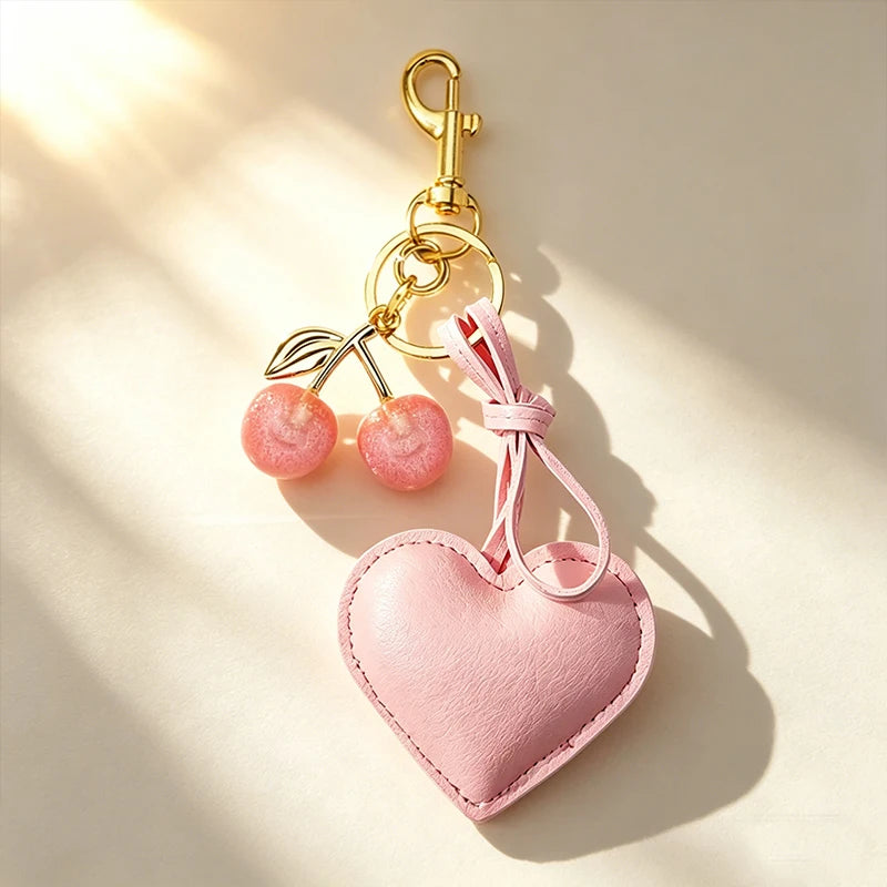 A pink leather heart shaped keychain with a cherry pendant and gold-toned hardware.