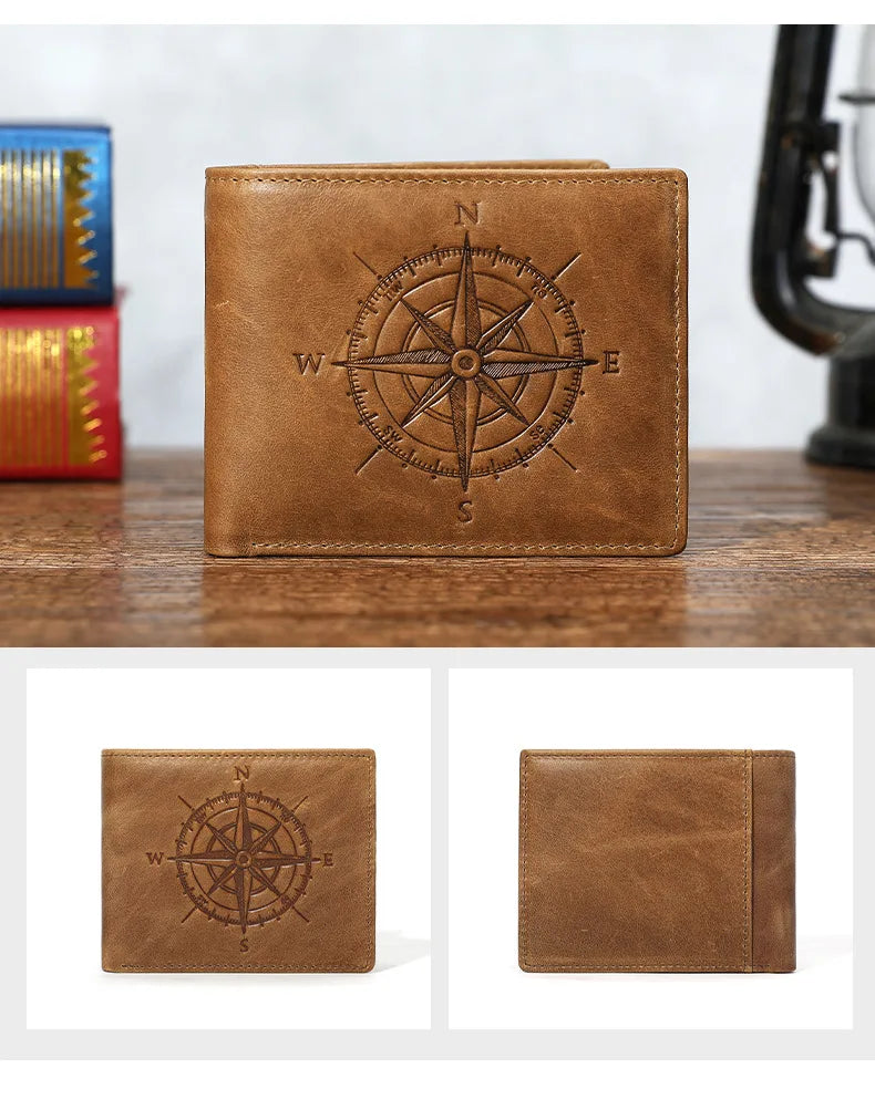 Brown leather wallet with a compass design embossed on the cover