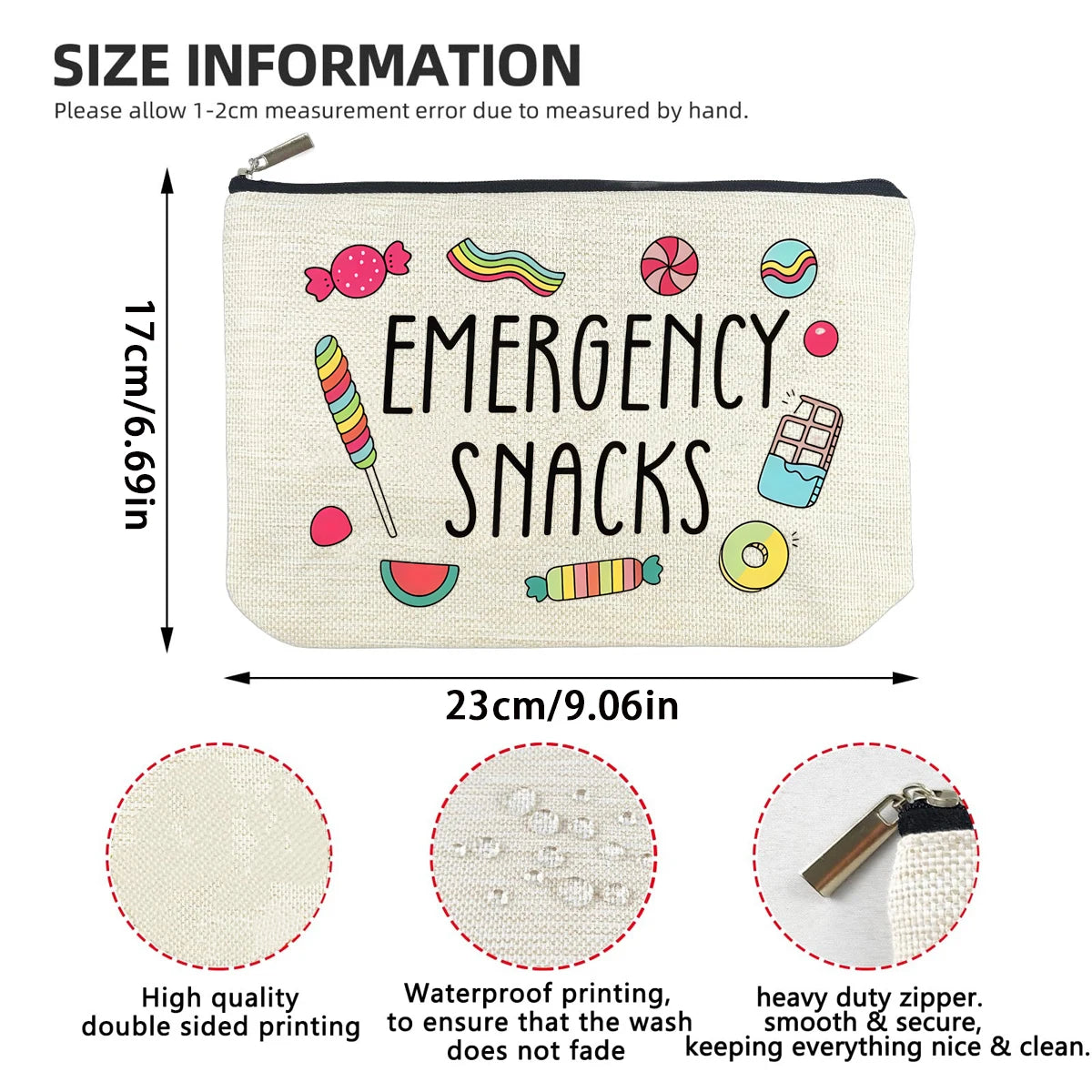 A beige emergency snacks pouch with colorful illustrations and a heavy duty zipper.