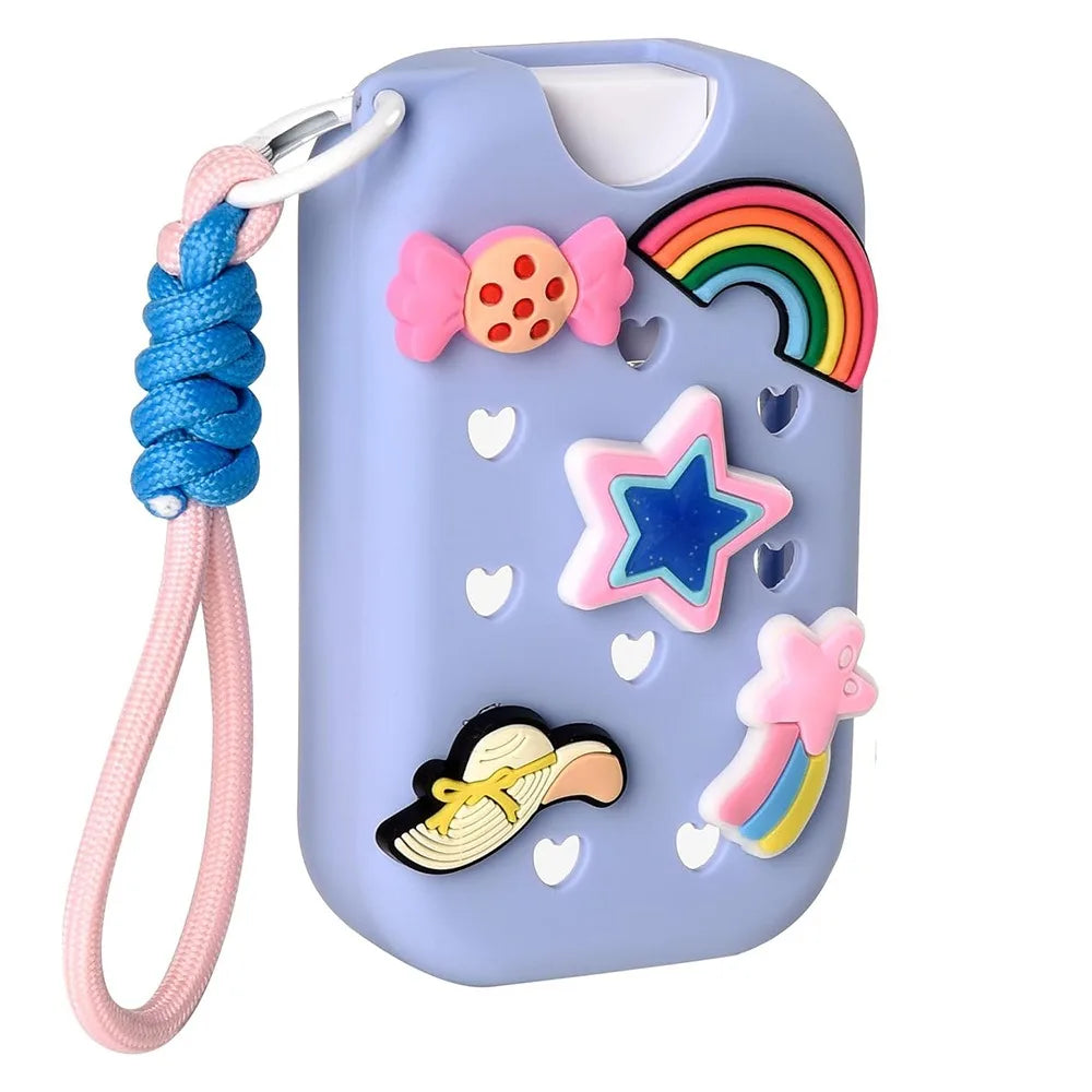 A light blue EVA protective case for a hand sanitizer spray featuring colorful charms and a pink cord keyring.