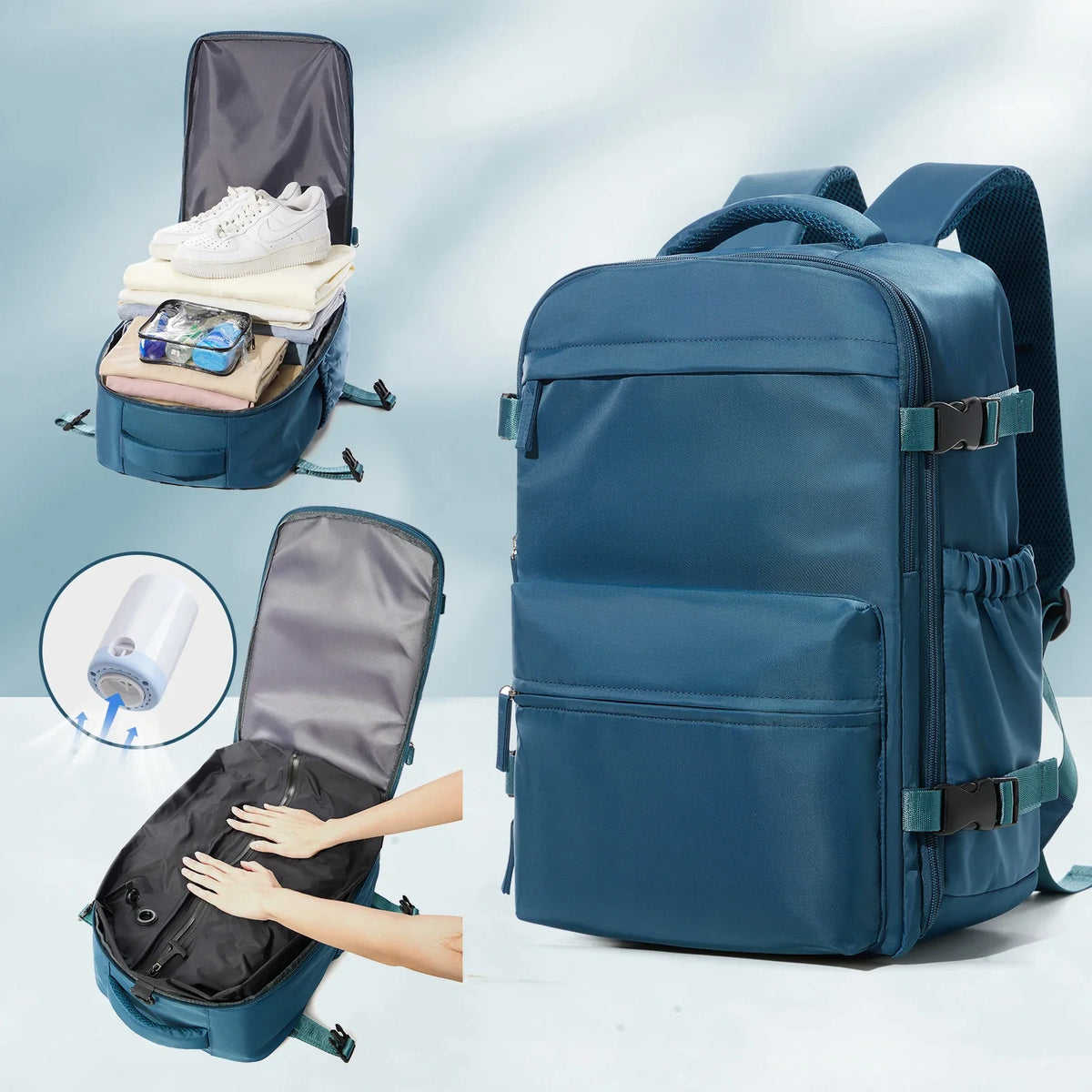 A deep blue expandable vacuum compression travel backpack shown with accessories and a hand demonstrating its features.