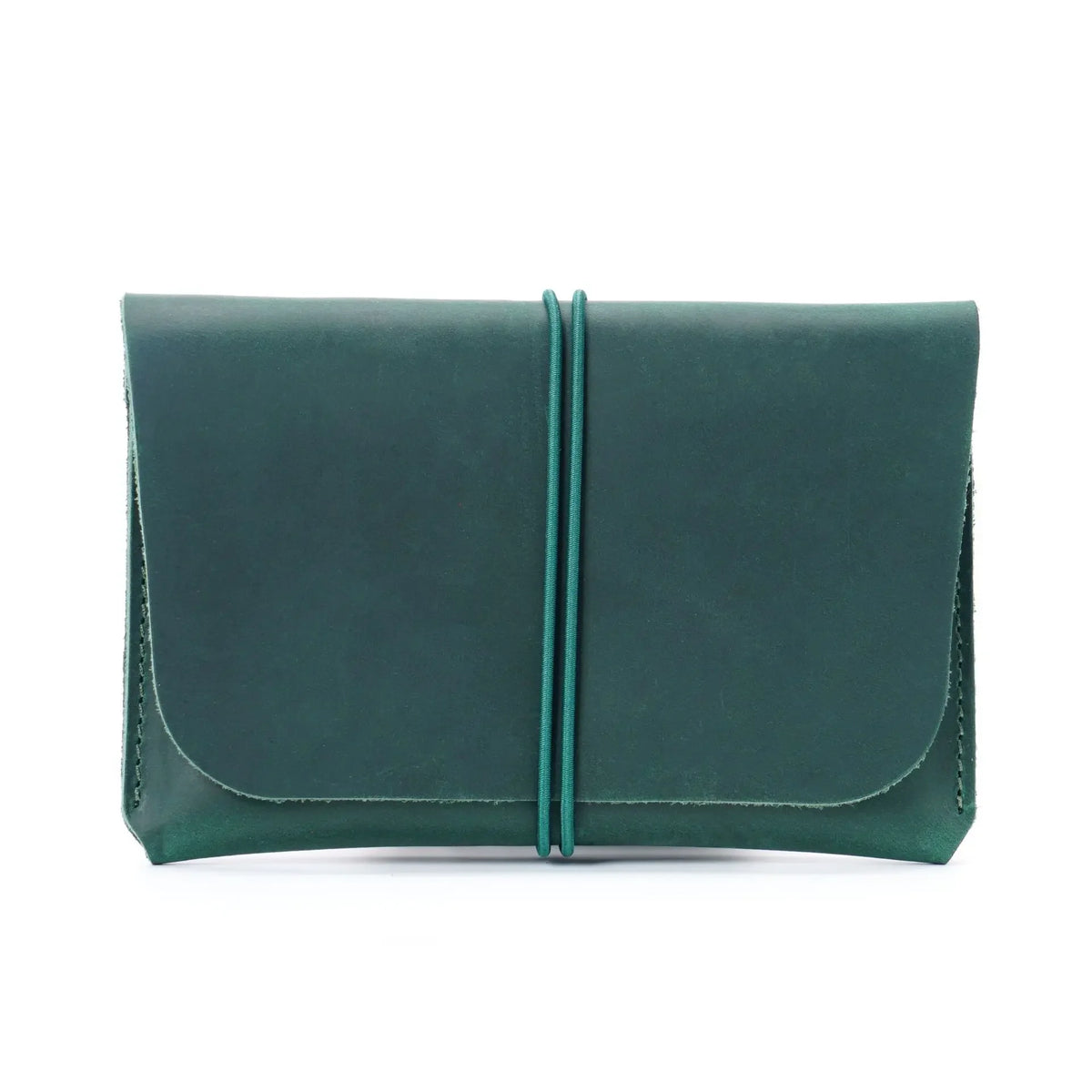 A dark teal minimalist full-grain leather passport holder and card wallet with a stitched closure.