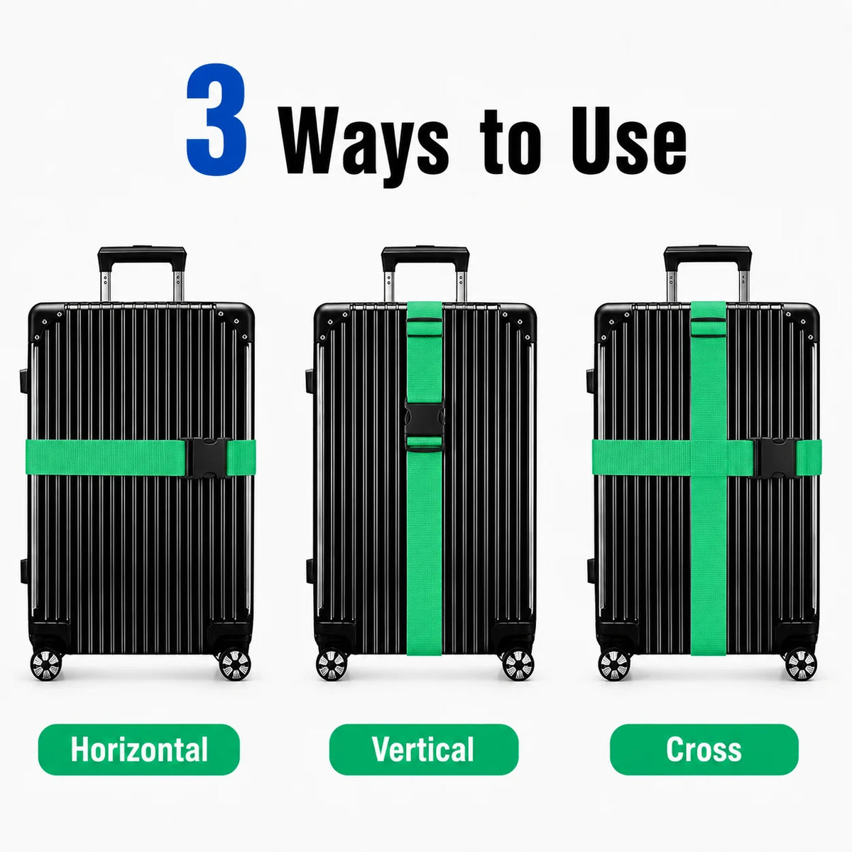 Three ways to use adjustable luggage straps for suitcases: horizontal, vertical, and cross.