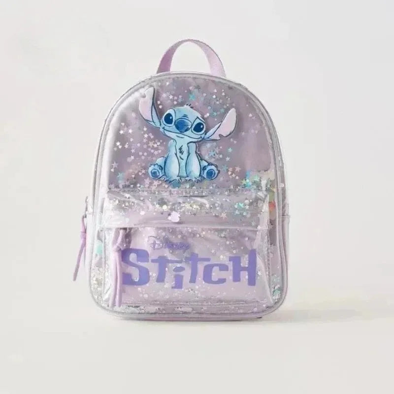 A purple Stitch Disney character themed backpack with a cow print design.