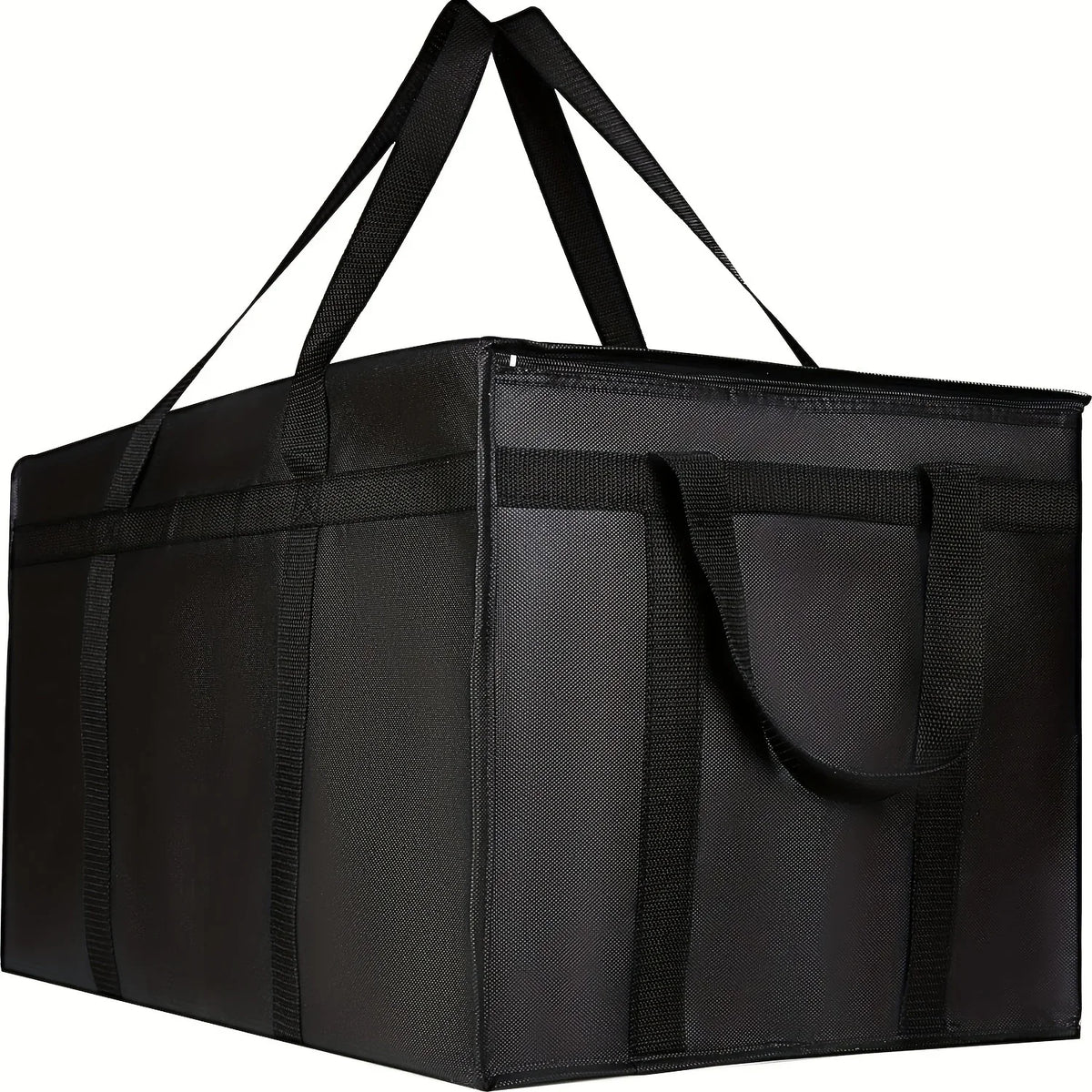 Black extra-large foldable insulated food bag with handles and straps