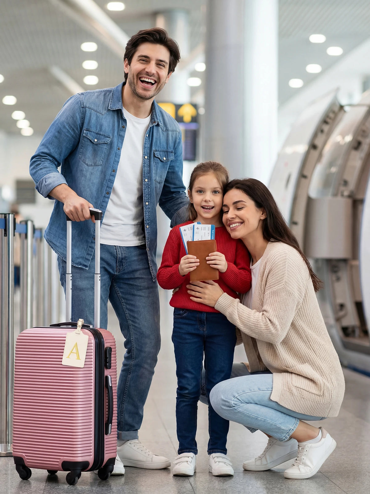Une famille de trois souriants debout dans un aéroport avec une valise à roulettes.