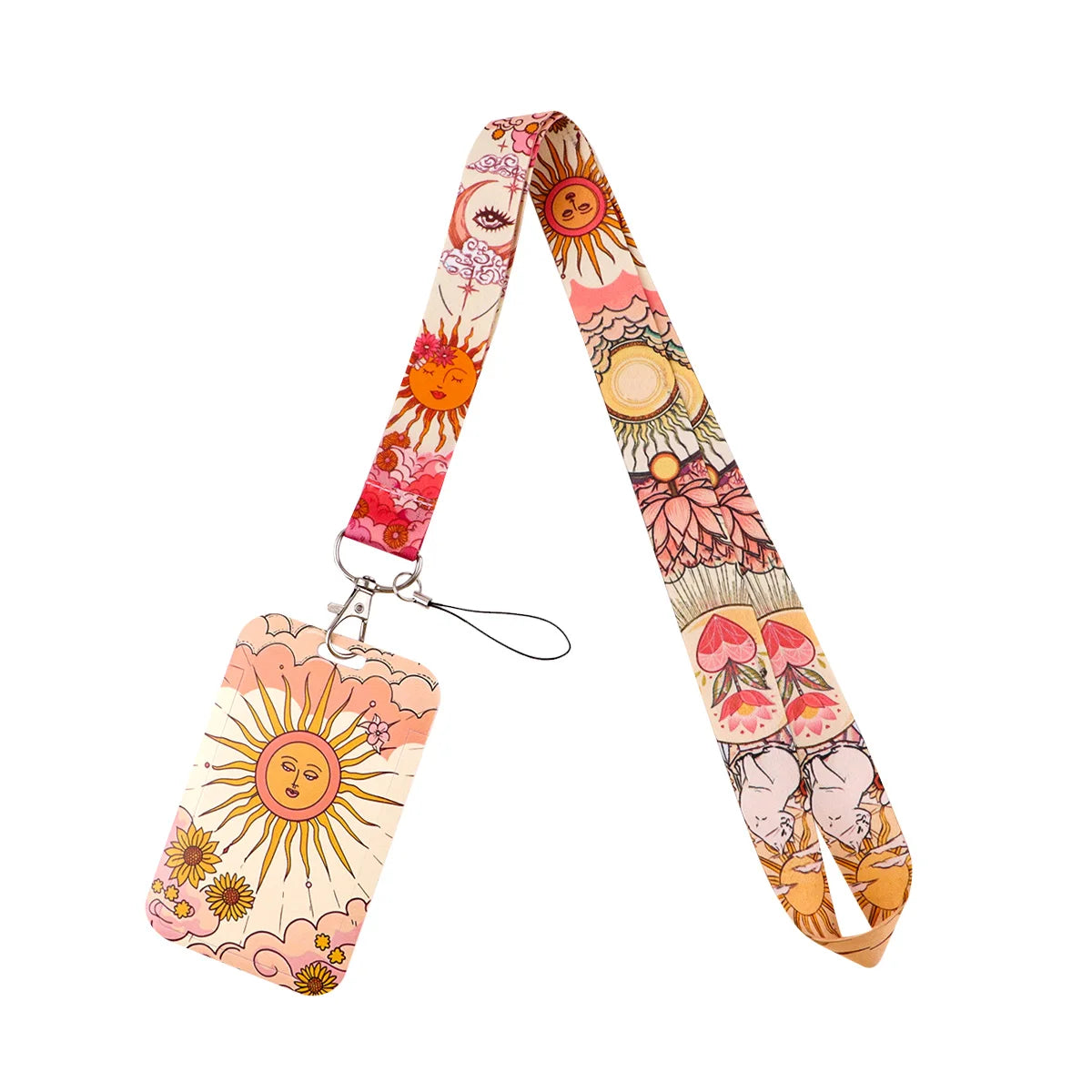A colorful patterned lanyard featuring a triple moon design, suitable for ID badges and keys.