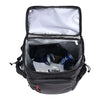 Black insulated picnic cooler backpack with a bottle opener visible inside the main compartment.