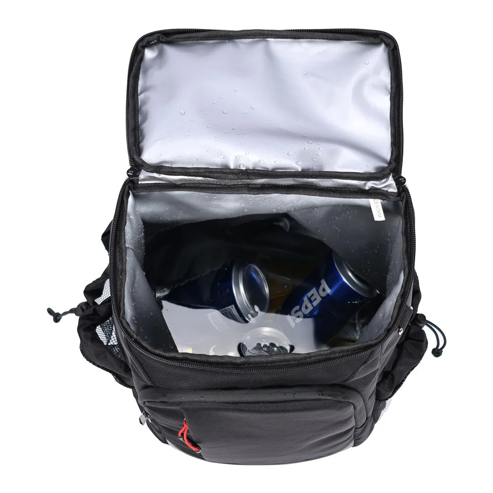 Black insulated picnic cooler backpack with a bottle opener visible inside the main compartment.