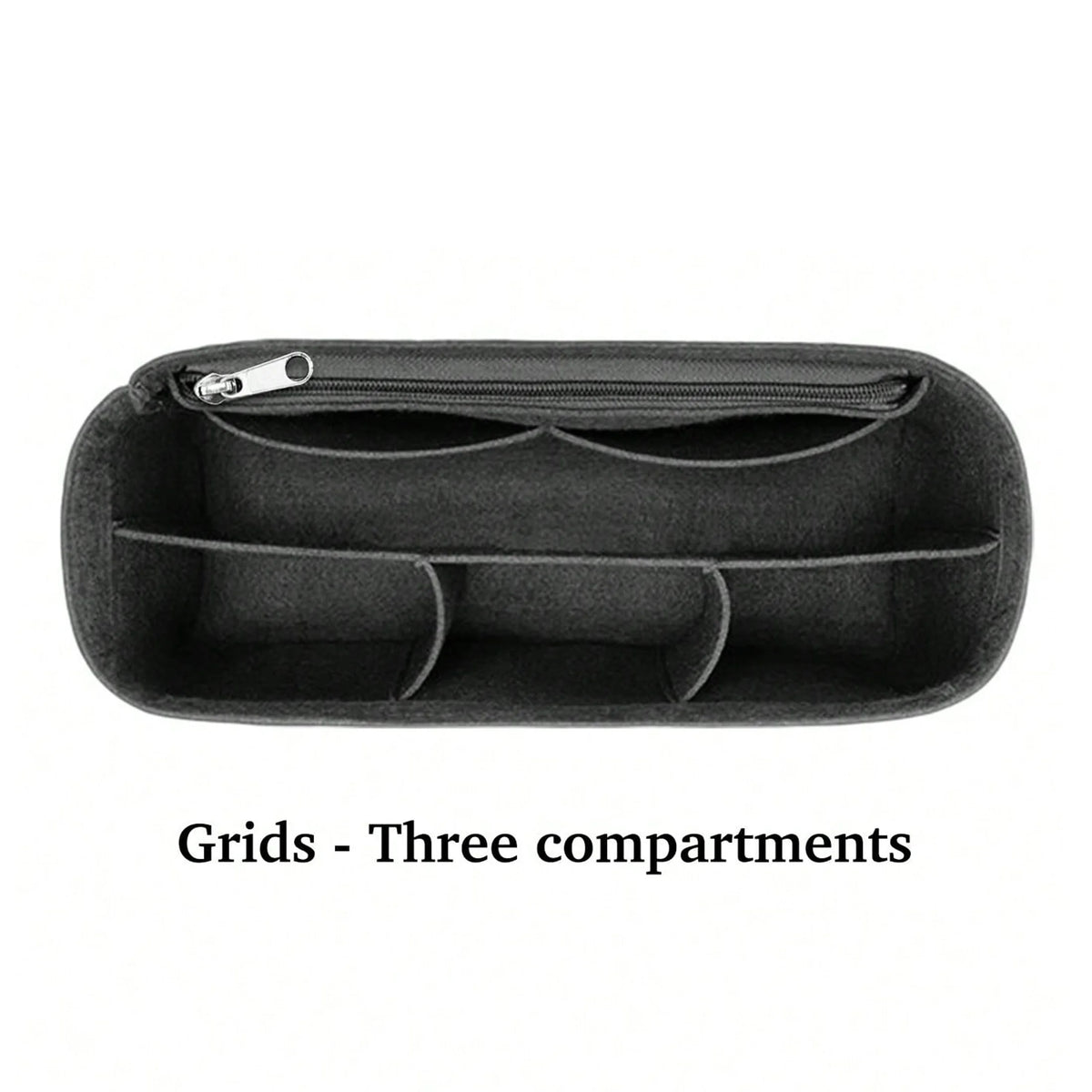Black felt tote bag organizer insert with three compartments and a zipper closure