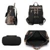 A black leopard print fashion backpack shown in multiple views.