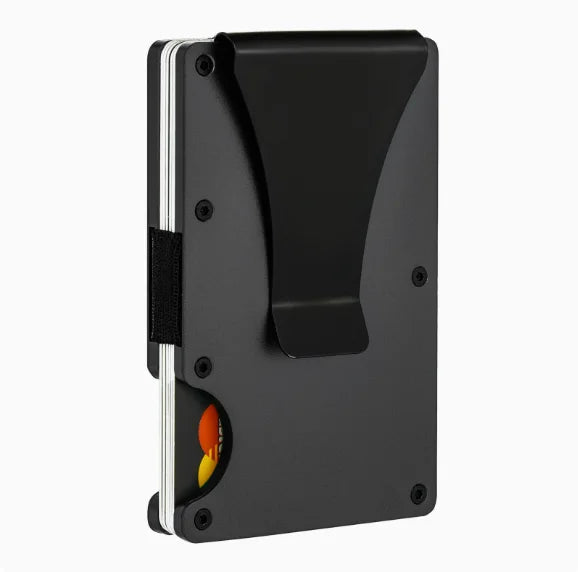 Cartera minimalista de aluminio negro con bloqueo RFID, vista de perfil.