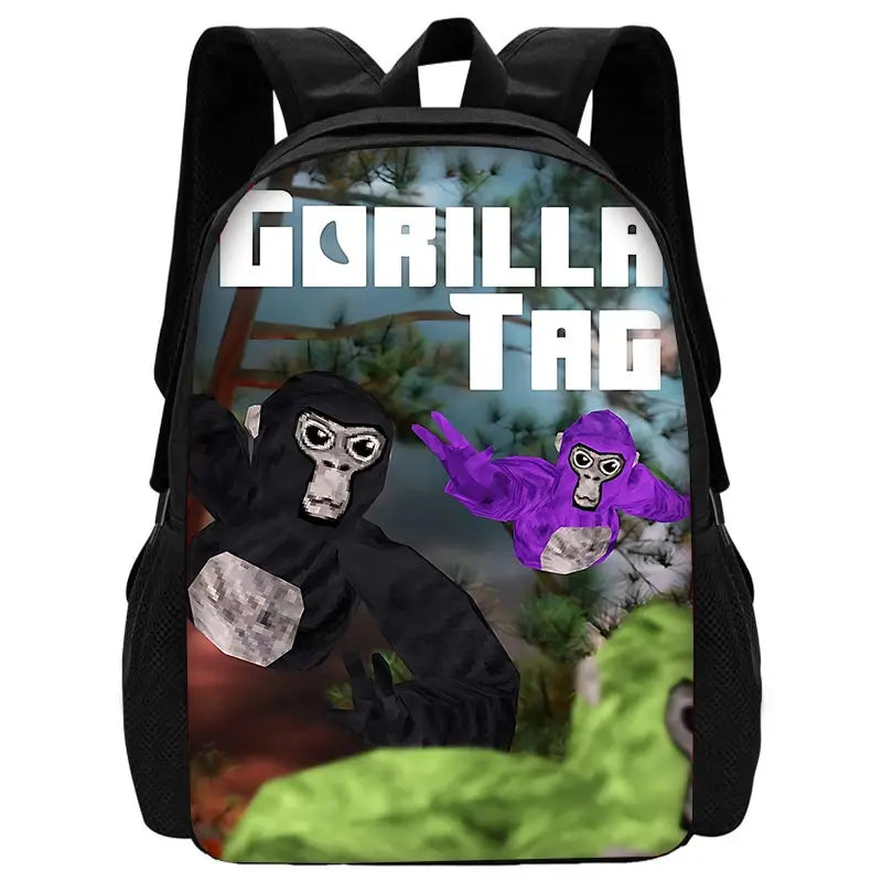 Un sac à dos noir avec un design de gorille carton sur le devant.