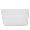 White quilted cosmetic travel bag with stitched lines.