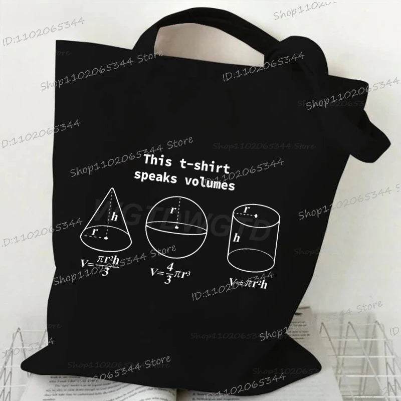 Black canvas tote bag featuring mathematical formulas for volume calculations.