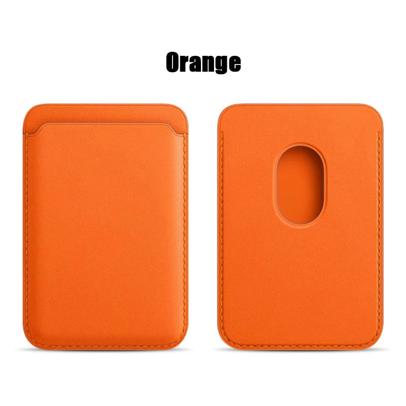 Orange MagSafe leather card wallet for iPhone shown in two views