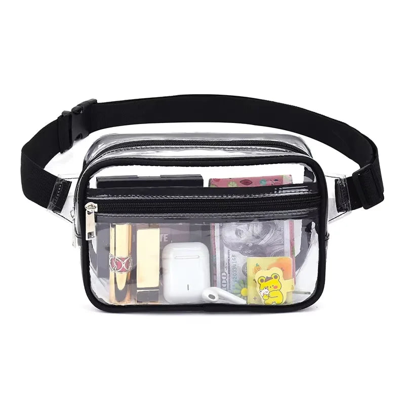 Clear stadium-approved waist pack with an adjustable black strap containing various small items.
