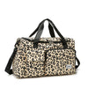 A beige and black leopard print travel duffel bag with handles and a shoe compartment.