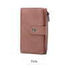 A pink women's RFID blocking clutch wallet with a leather texture and a zipper closure.
