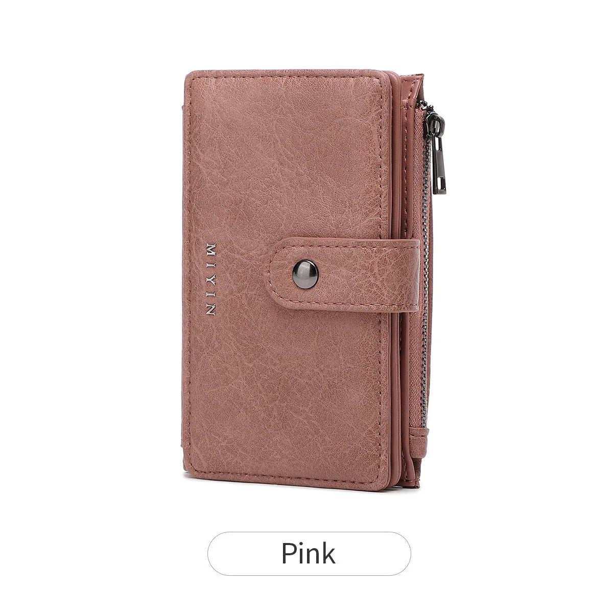 A pink women's RFID blocking clutch wallet with a leather texture and a zipper closure.