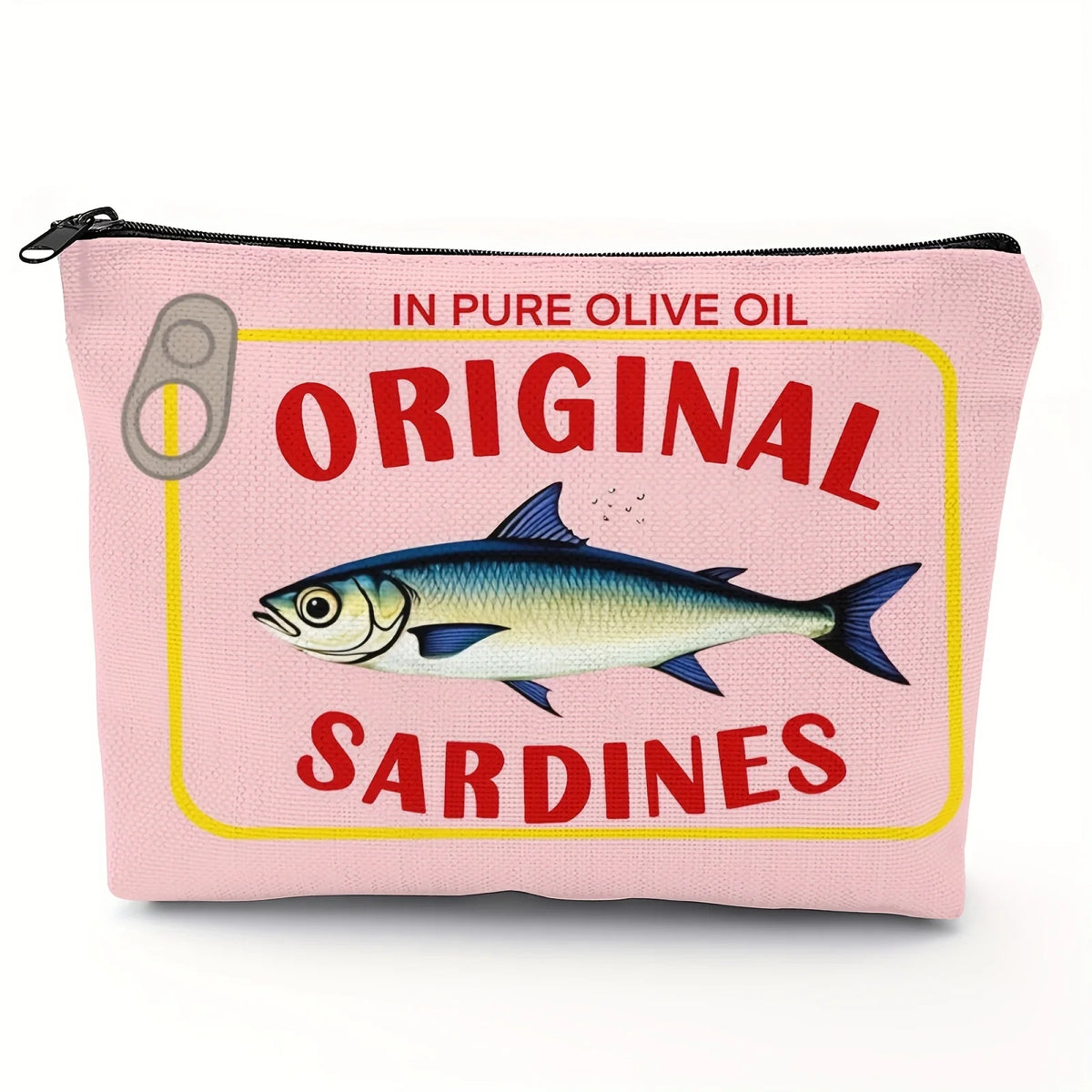 Rosa Tasche mit dem Text „IN PURE OLIVE OIL ORIGINAL SARDINES“ darauf.