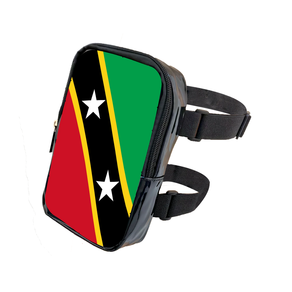 A black adjustable PU waist pouch featuring a vibrant flag design with red, yellow, and green stripes and white stars.