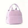A light purple reusable thermal insulated bento bag with a zippered compartment and carrying handles.