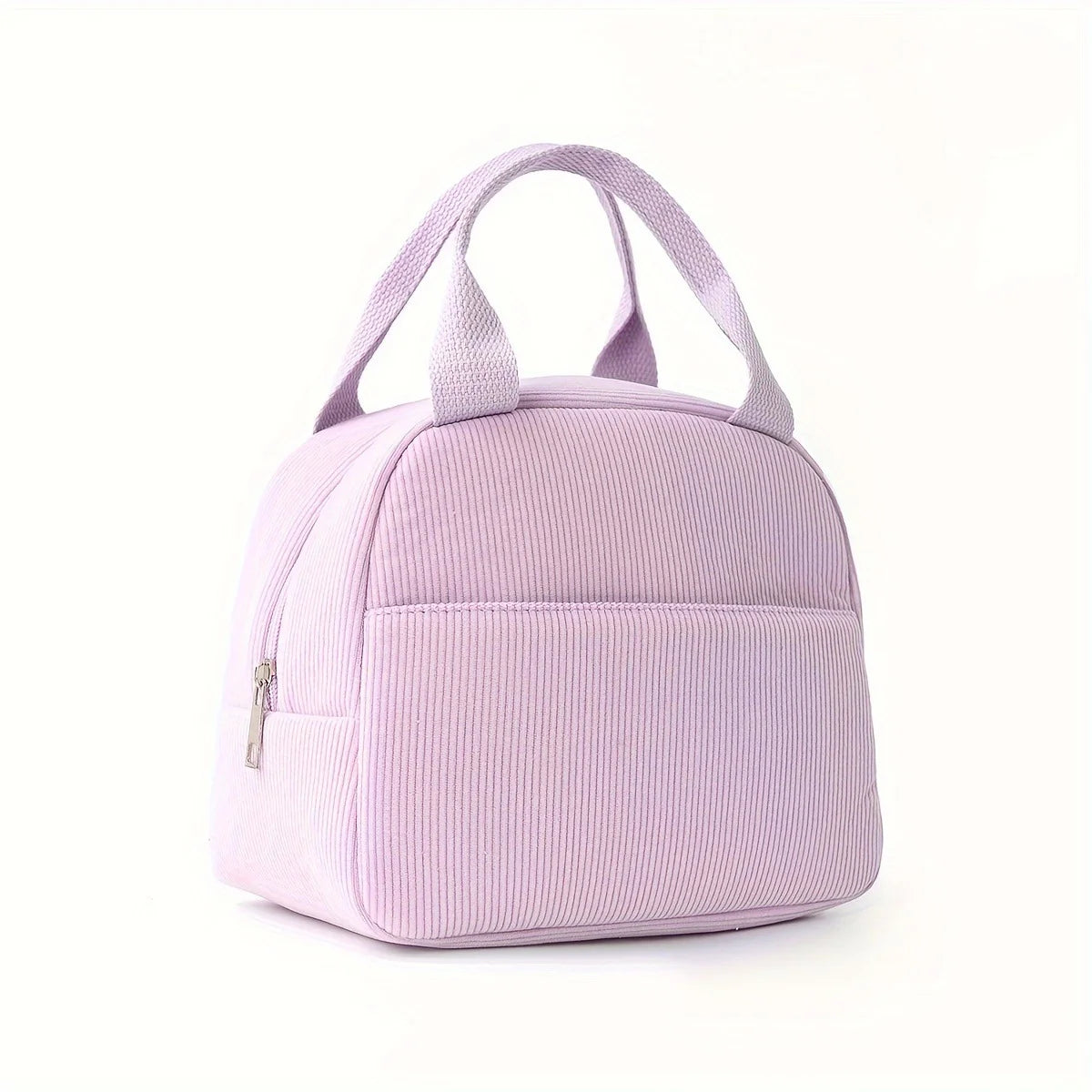 A light purple reusable thermal insulated bento bag with a zippered compartment and carrying handles.