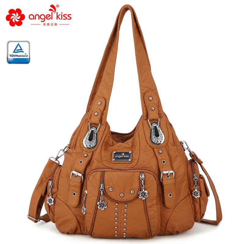 A brown vintage PU leather hobo shoulder bag with silver hardware and a flap closure.