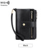 Black vintage RFID blocking multi-slot wallet with a leather strap and zipper closure