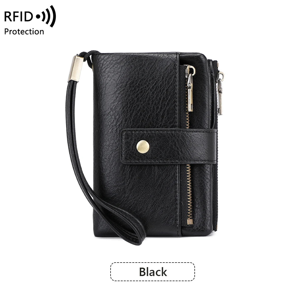 Black vintage RFID blocking multi-slot wallet with a leather strap and zipper closure
