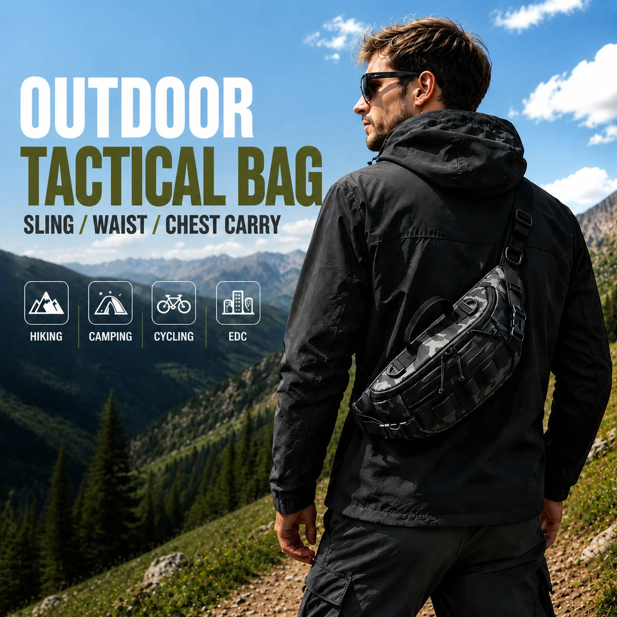 A man wearing a black jacket and sunglasses is holding an outdoor tactical bag for sling, waist, or chest carry on a mountain