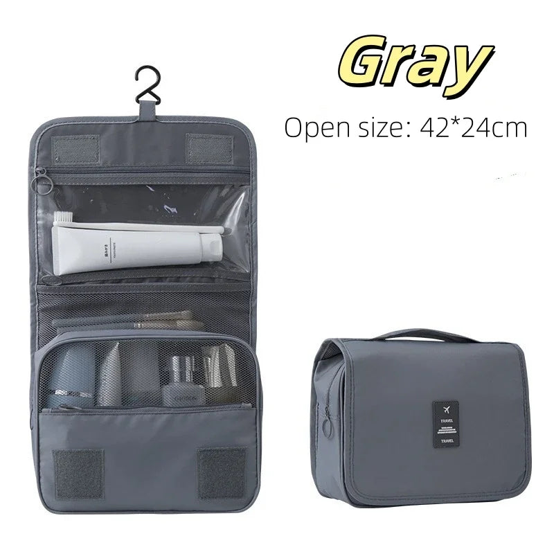 Gray waterproof makeup organizer and travel pouch with multiple compartments