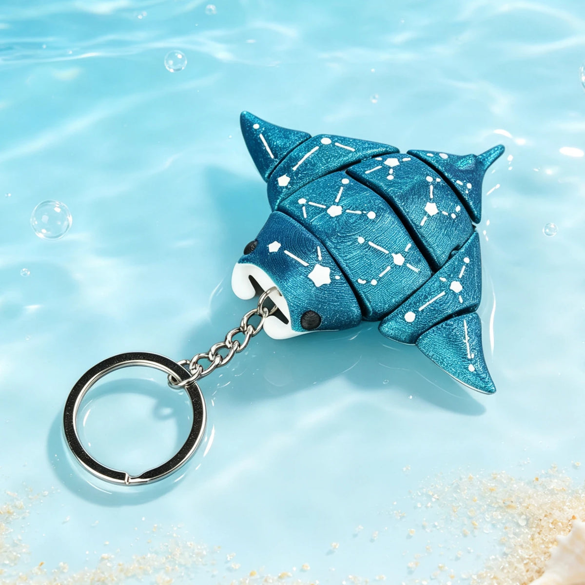 A teal 3D printed devil ray figurine with a silver chain attached, floating in clear blue water.