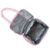 Pink insulated quilted lunch bag with a zippered compartment open to show the interior
