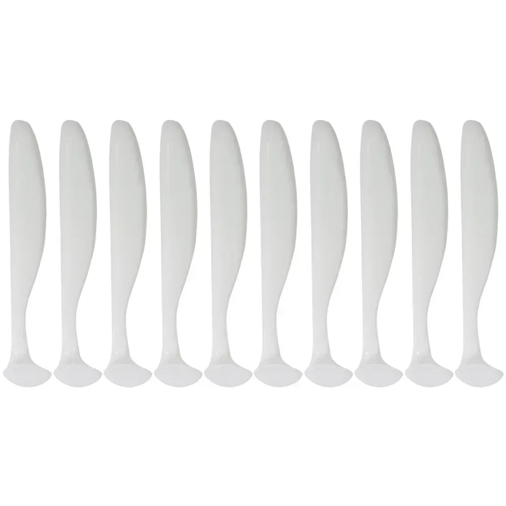 A row of white adjustable soft lure fishing tackle baits.