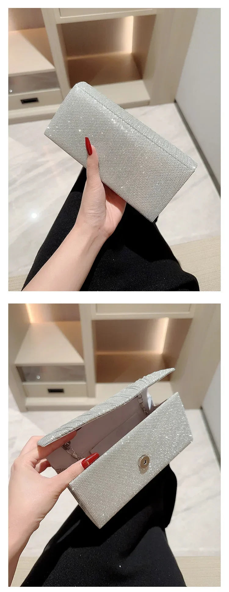 Eine Hand hält eine elegante silberne Ketten-Shoulder-Clutch mit strukturiertem Finish vor dunklem Hintergrund.