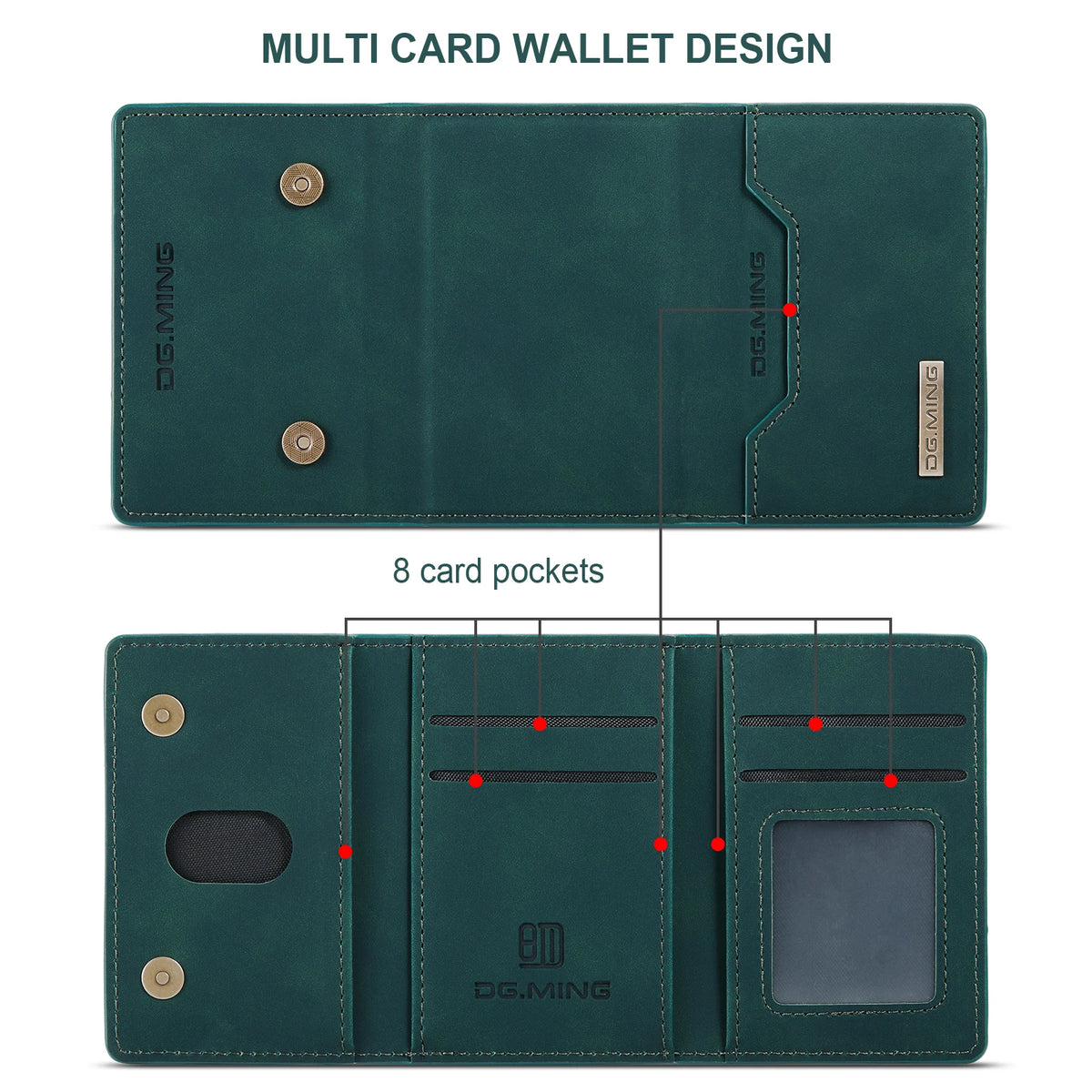A dark green multi card wallet design showing eight card pockets and a clear ID slot.