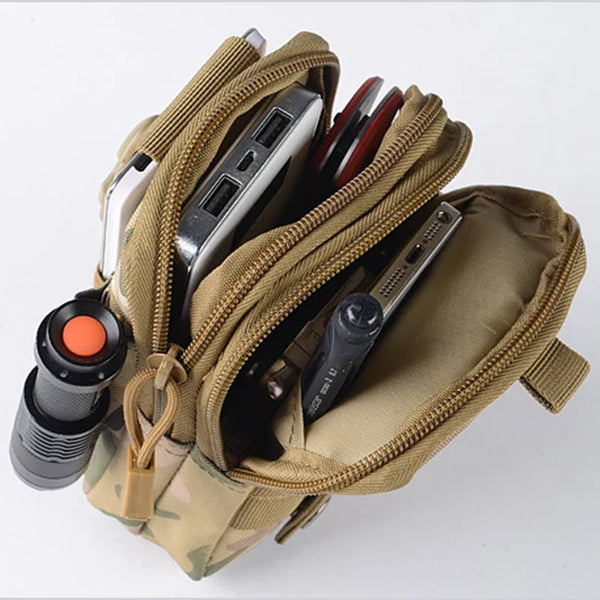 A tan tactical camouflage leg bag waist pack filled with various tools and gear.