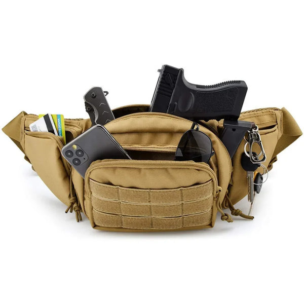A tan multi-compartment waist pack with a holster and various accessories is shown.